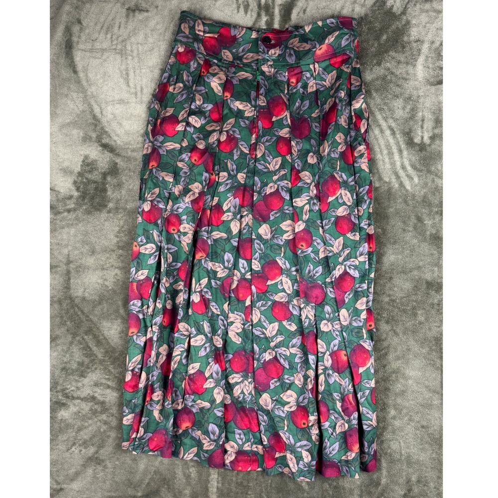 Vintage Style Apple Print Pleated Midi Skirt Green Red High Waist Pockets 26W - Picture 3 of 8